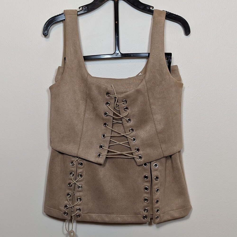 Luxxel Two Piece Crop Top Skirt Set Small Beige